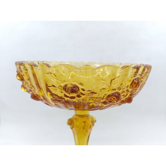 Vtg Unmarked Fenton Raised Cabbage Rose Amber Glass Pedestal Compote Candy Dish - Picture 13 of 15